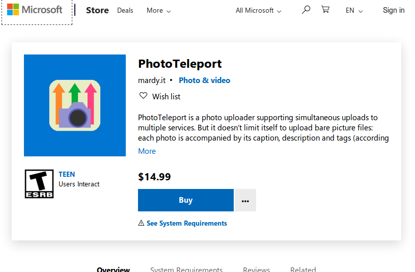 PhotoTeleport in the Microsoft Store